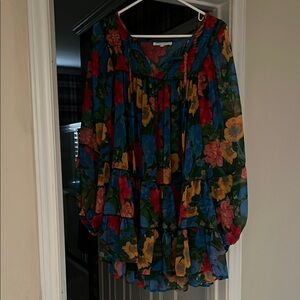 Red and Blue Long Sleeve Sundress with Bishop Sleeves